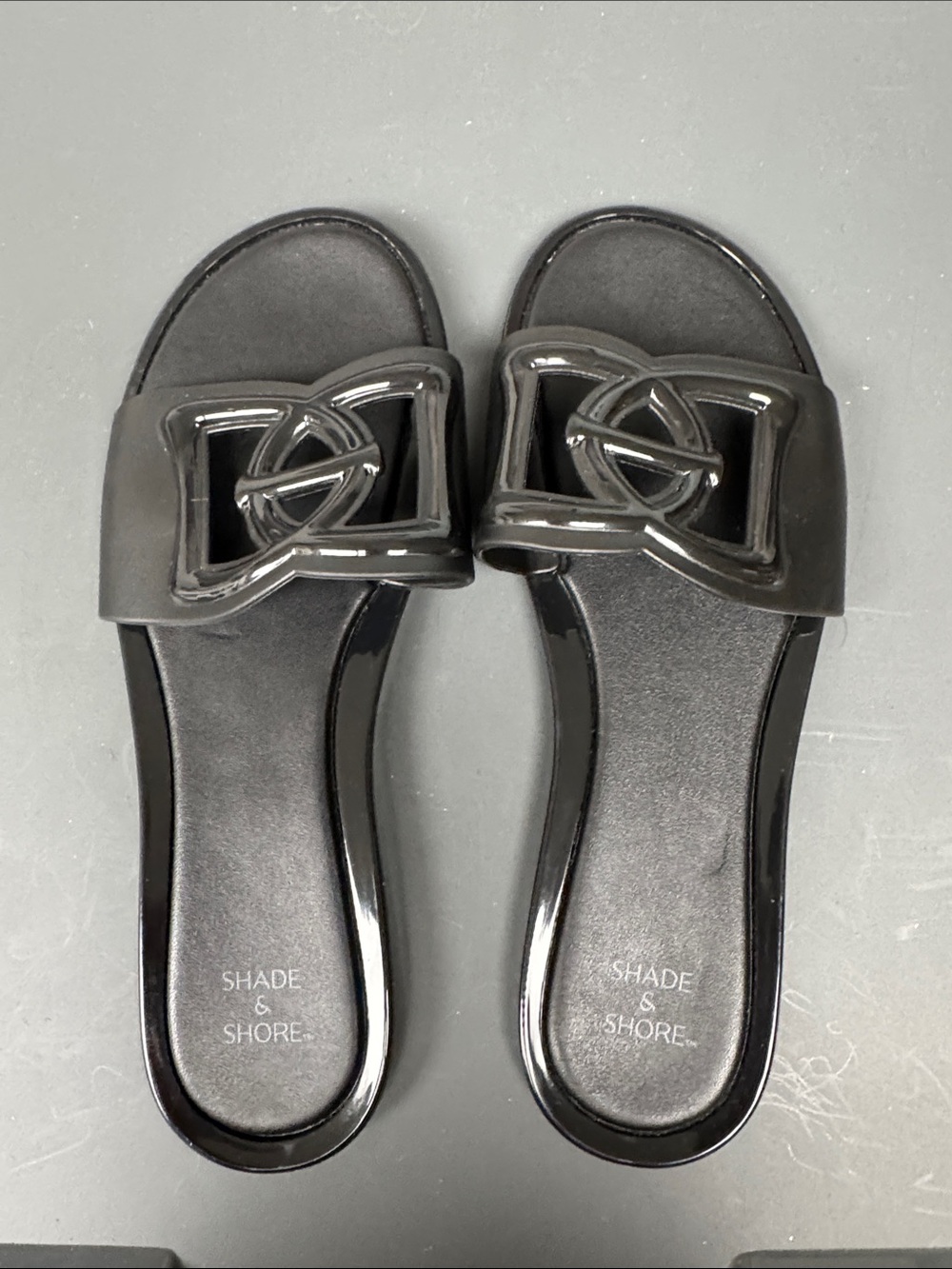 Shade & Shore Black Patent Slide Sandals with Knot Emblem